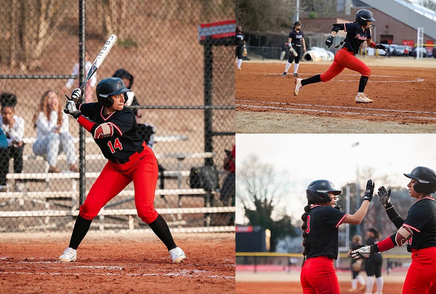  athletes in red uniform play game with home plate by Atlanta sports photographer 