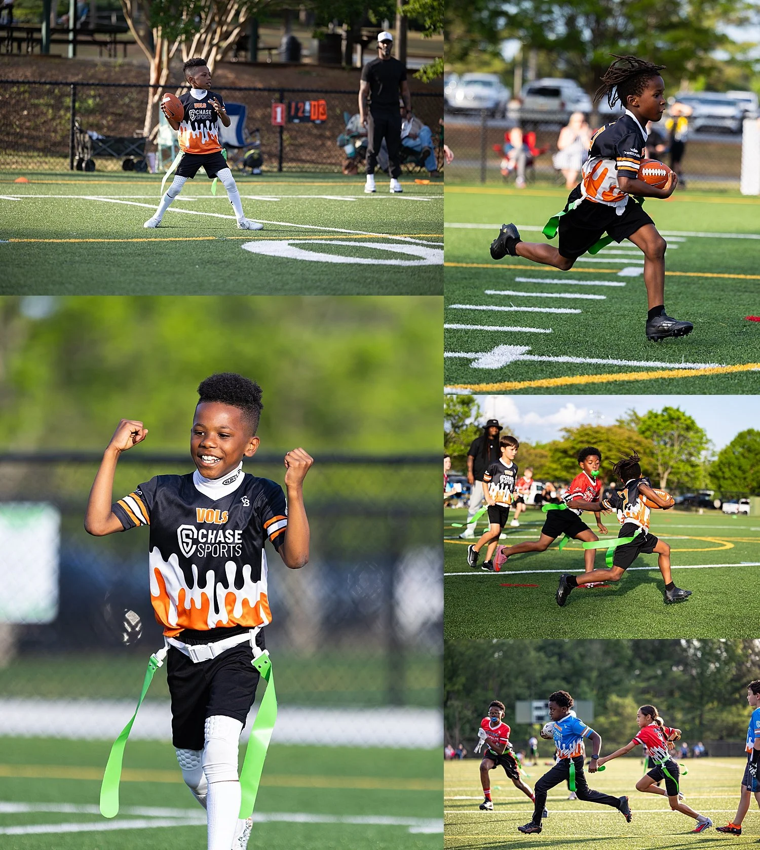  boys playing flag football on field by Atlanta sports photographer 