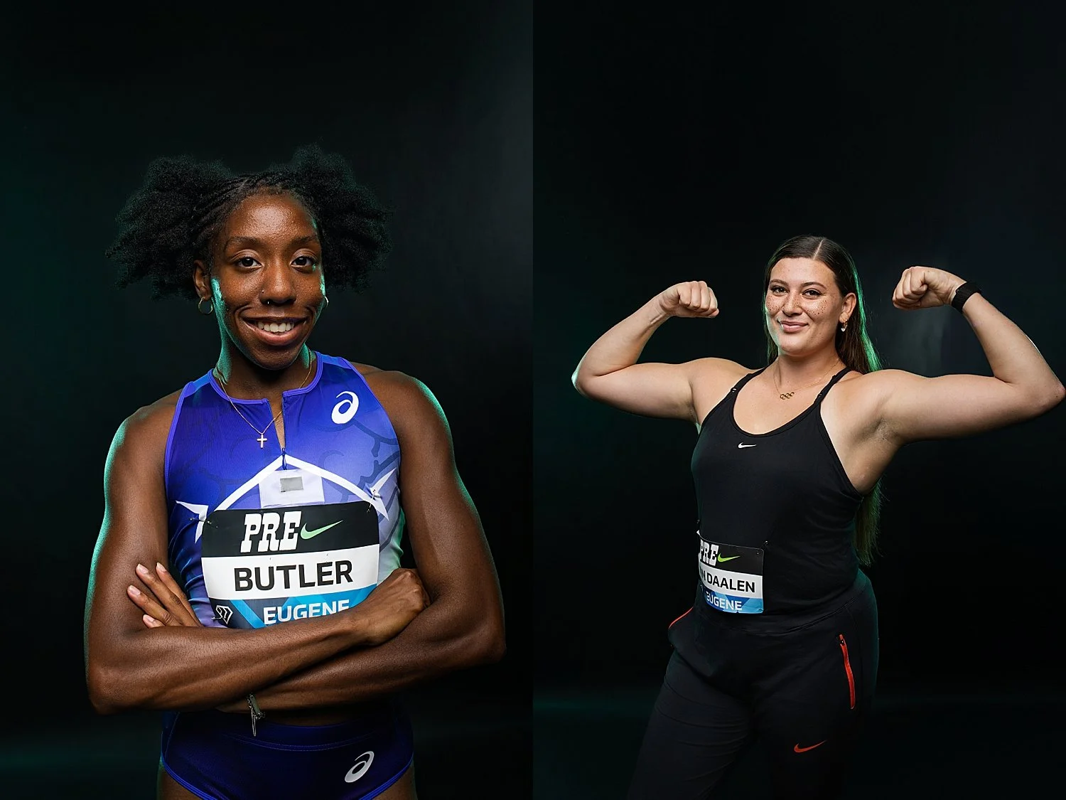 two female athletes on black backdrop by Tiaras Monet Photography