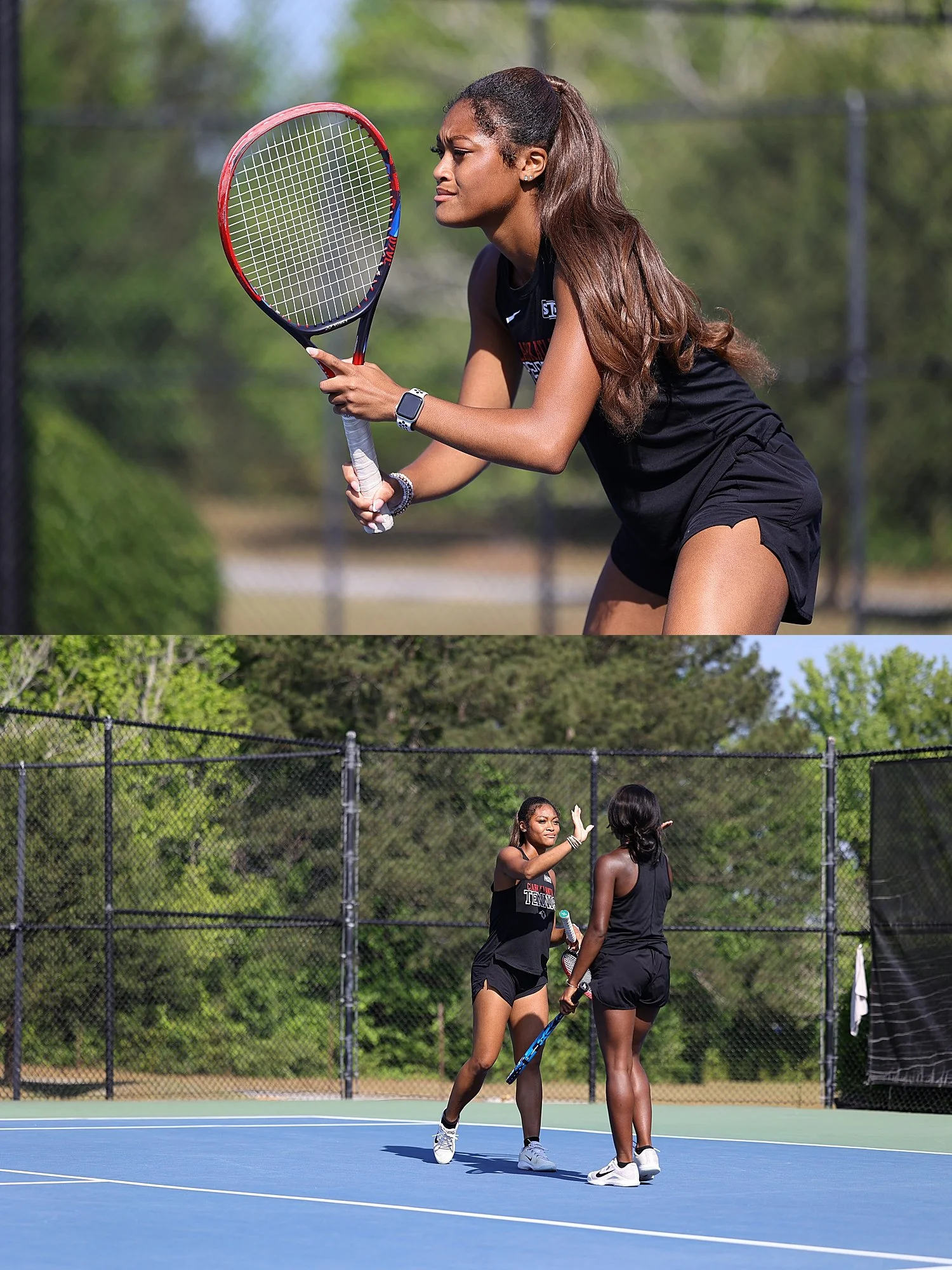 woman playing tennis in black outfit by Tiaras Monet Photography