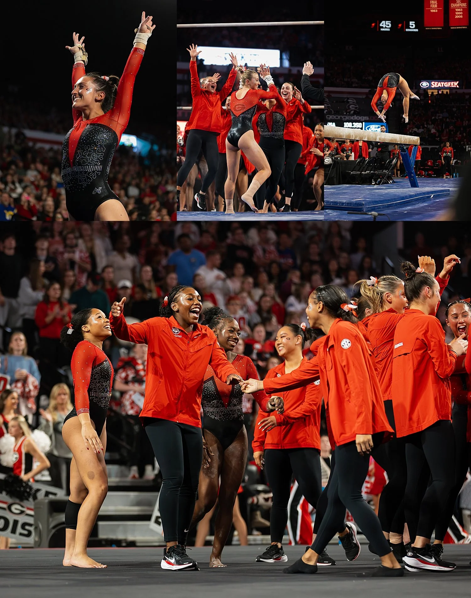 gymnasts celebrate success after beam by Tiaras Monet Photography