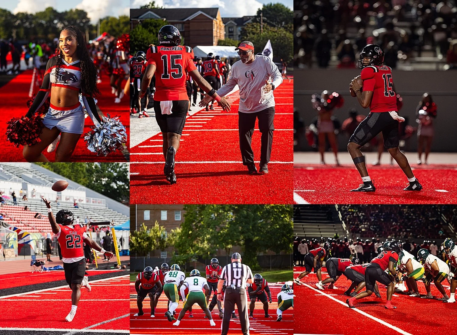 coach celebrates athletes and cheerleaders on the field by Atlanta Sports Photography
