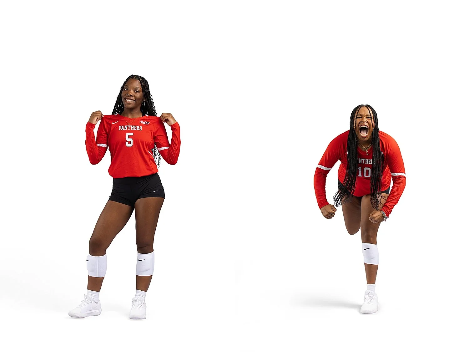 two athletes in red stand in studio by Atlanta sports photographer