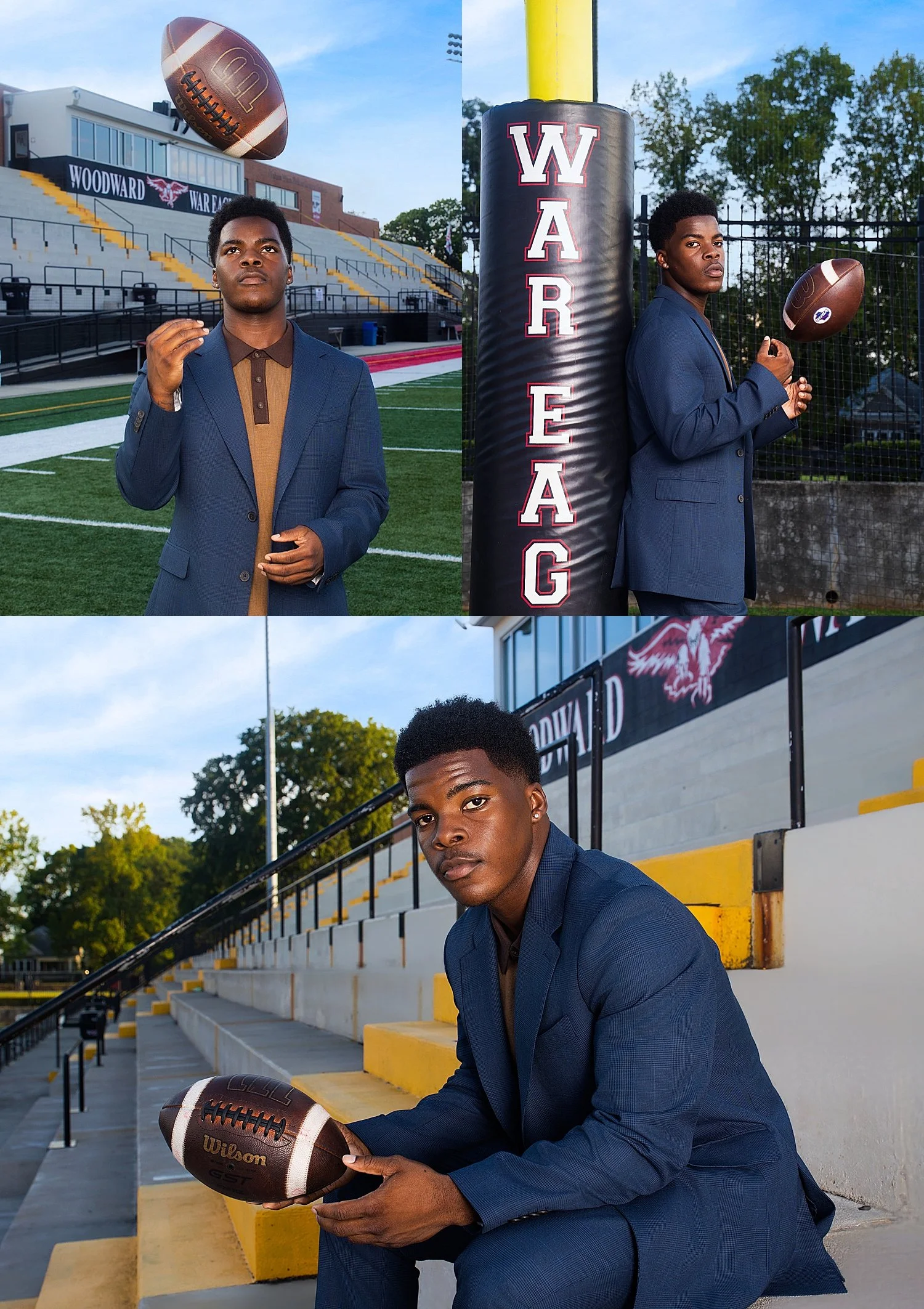student in suit throws football up in the air by Tiaras Monet Photography