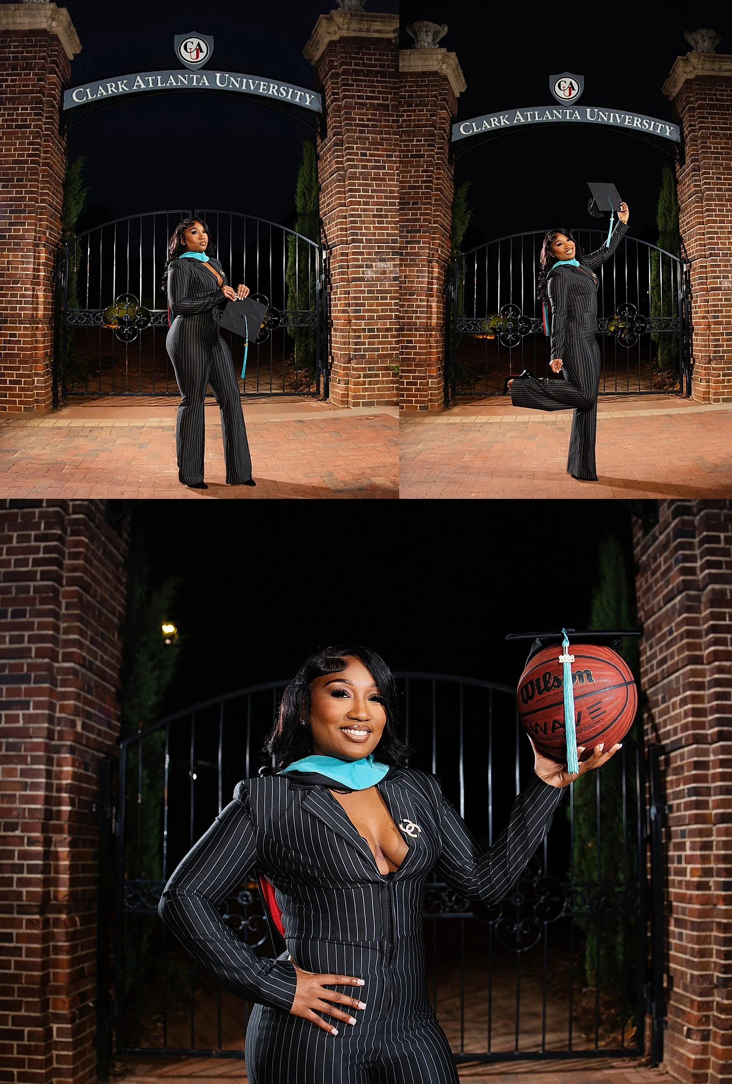 graduate in black pinstripe suit stands under uni gate by Tiaras Monet Photography