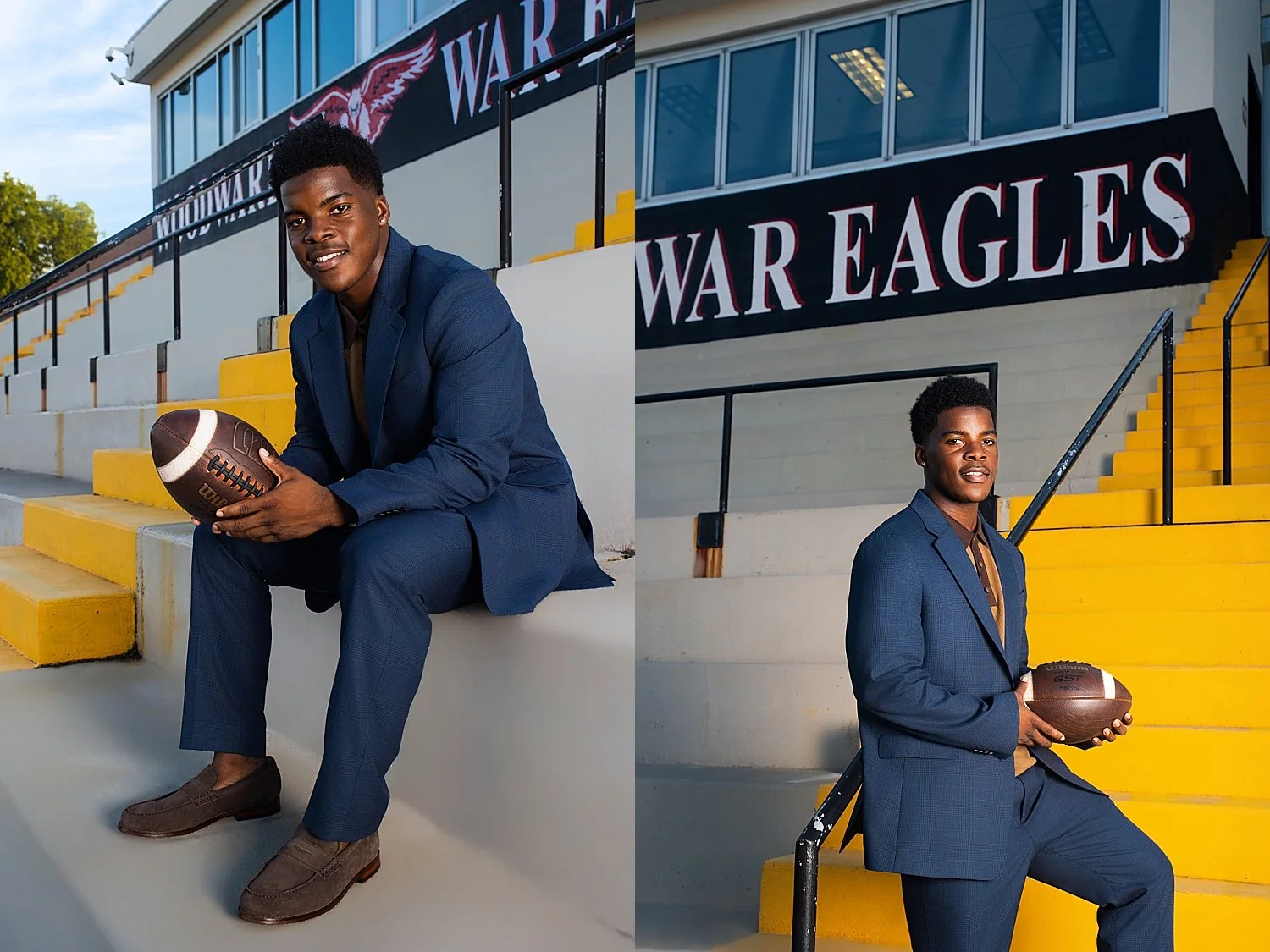 student in suit sits on bleachers at football stadium for senior portraits
