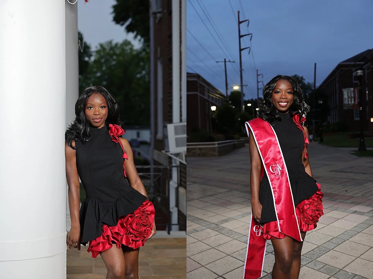 graduate leans against column at university by Atlanta Sports Photographer