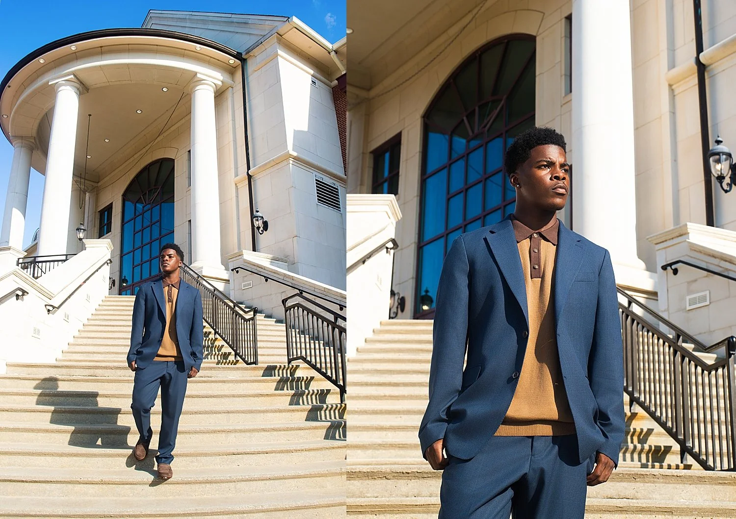 man in blue suit walks down staircase outside by Atlanta sports photographer