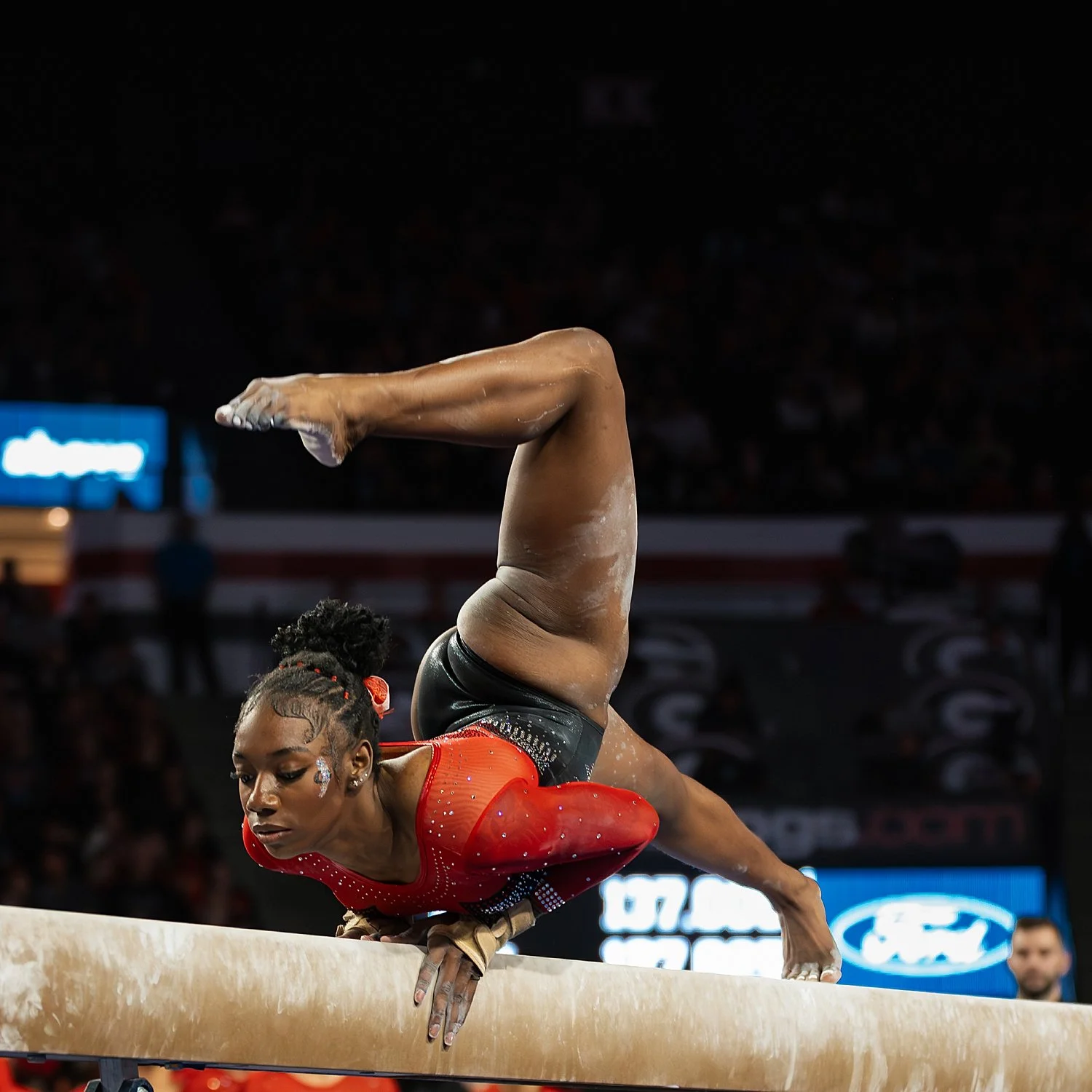 gymnast flips on balance beam by Atlanta sports photographer