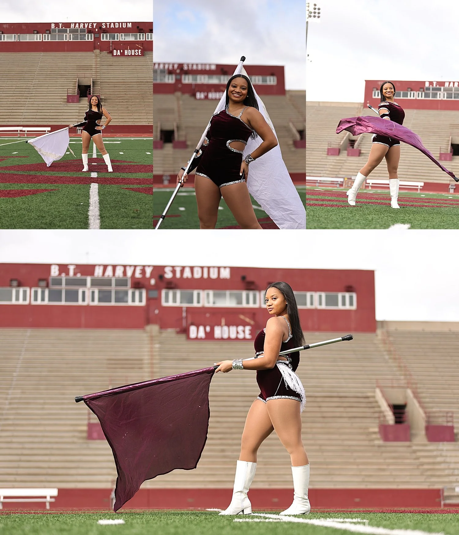 woman with flag on football field showing what is the best time to schedule senior sports photos