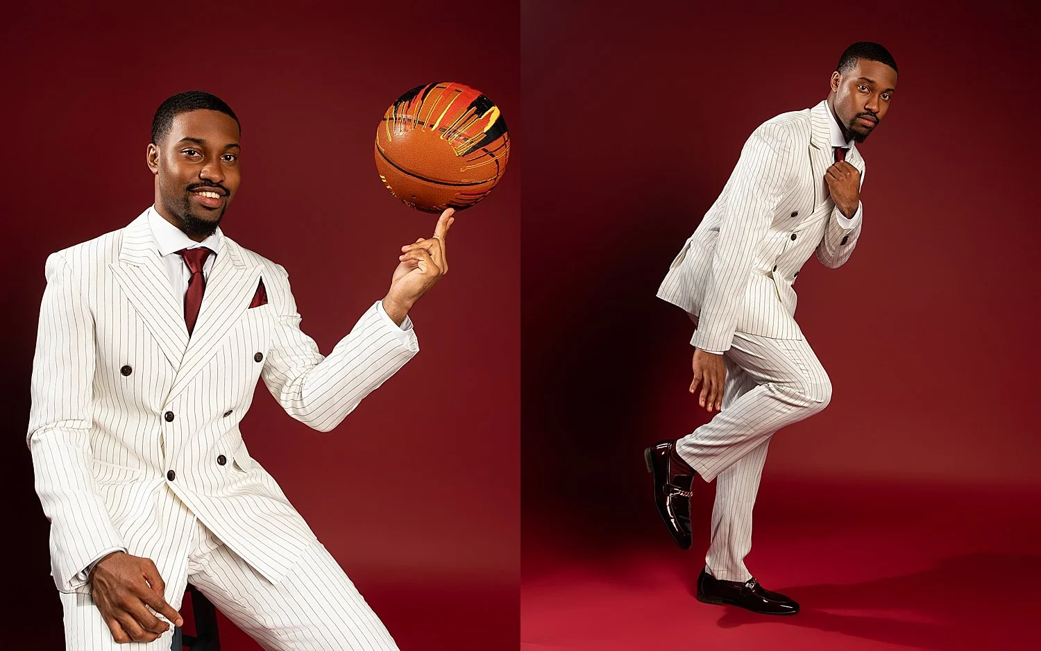 man in pinstripe suit with basketball by Atlanta Sports photographer