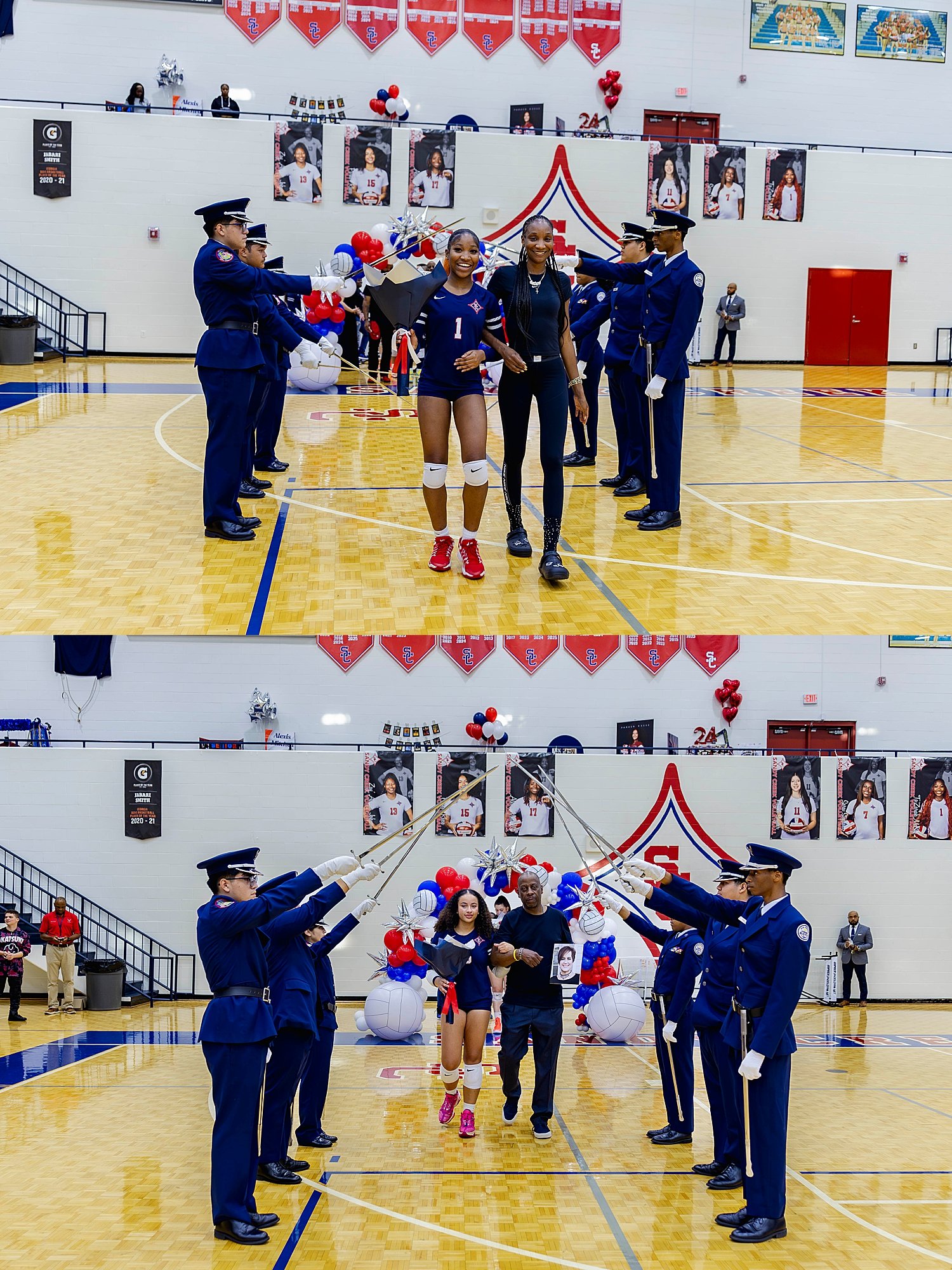 seniors run through balloons on court showing what is the best time to schedule senior sports portraits
