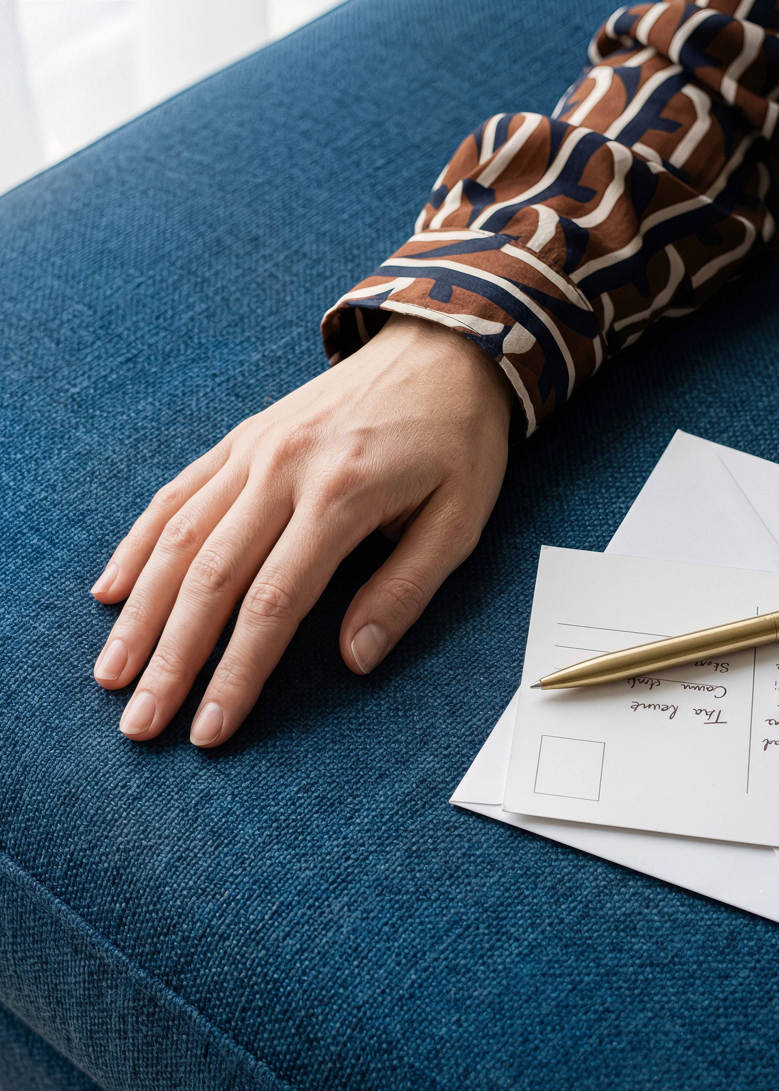 A person's hand resting on a blue fabric surface, with a rolled-up pair of camouflage pants, a gold pen, and a handwritten note on a white piece of paper nearby.