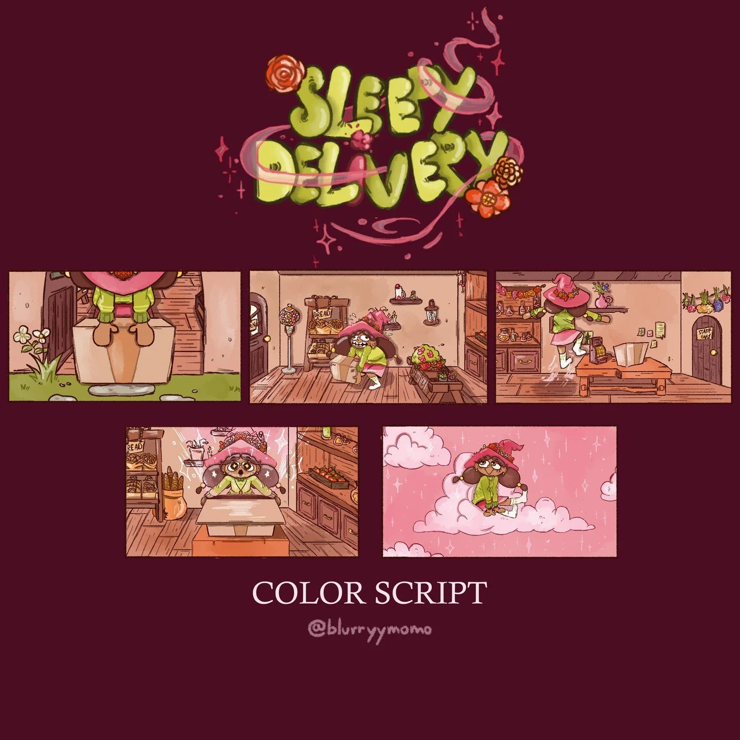 SLEEPY DELIVERY - COLOR SCRIPT
that's a lot of pink ...
miniprod pour @ecv_paris 
#ecvparis #ecv #colorscript #storyboard #charadesign #illustration #cartoon #art #witch