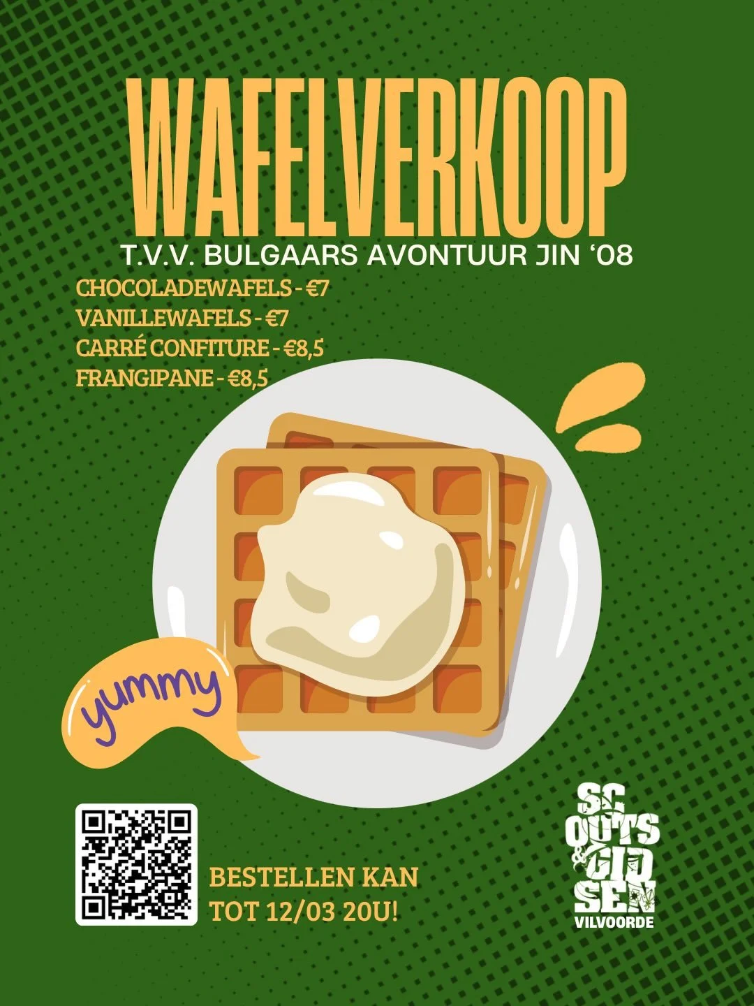 Wij, de Jin van Scouts &amp; Gidsen Vilvoorde, trekken deze zomer op buitenlands kamp naar Bulgarije!🇧🇬

Om dit avontuur mogelijk te maken verkopen wij overheerlijke wafeltjes en andere lekkernijen : vanille/ chocolade wafels, carr&eacute;s confitu