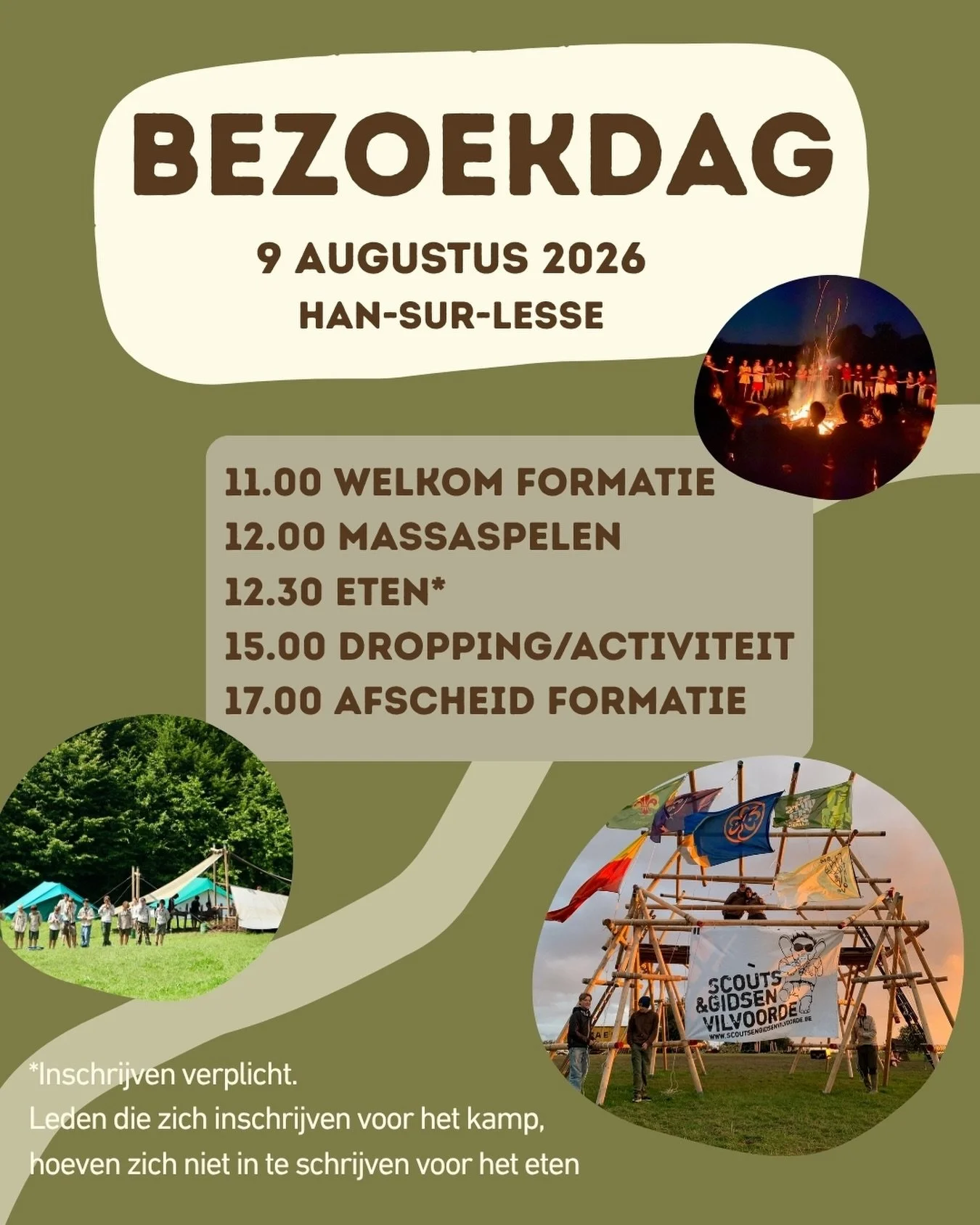 Op 9 augustus verwelkomen we jullie graag op ons kampterrein voor een spetterende BEZOEKDAG 🏕️😎✨!
Wat staat er op de planning?
🥰 11 uur - Welkom formatie
😃12.00 - Massaspelen
🍔12.30 - Eten
🥾15.00 - Dropping/activiteit
💓17.00 - Afscheid formati