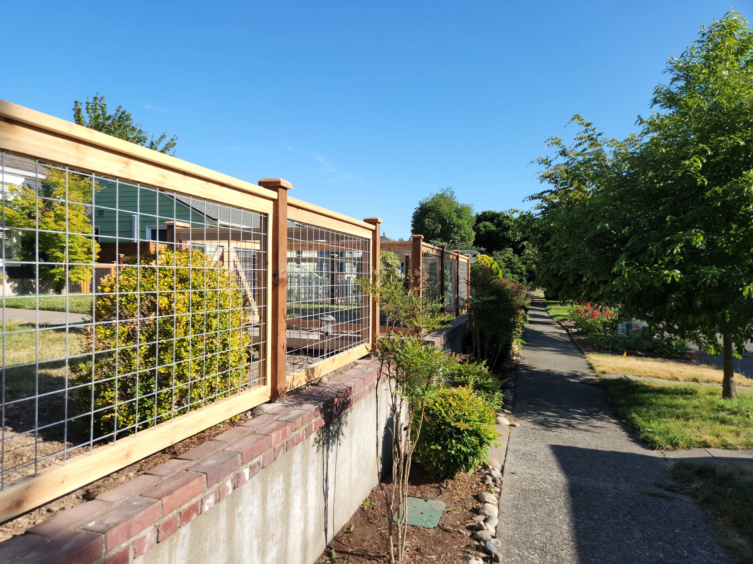 A sidewalk running alongside a fenced residential garden with trees and bushes on a sunny day.
