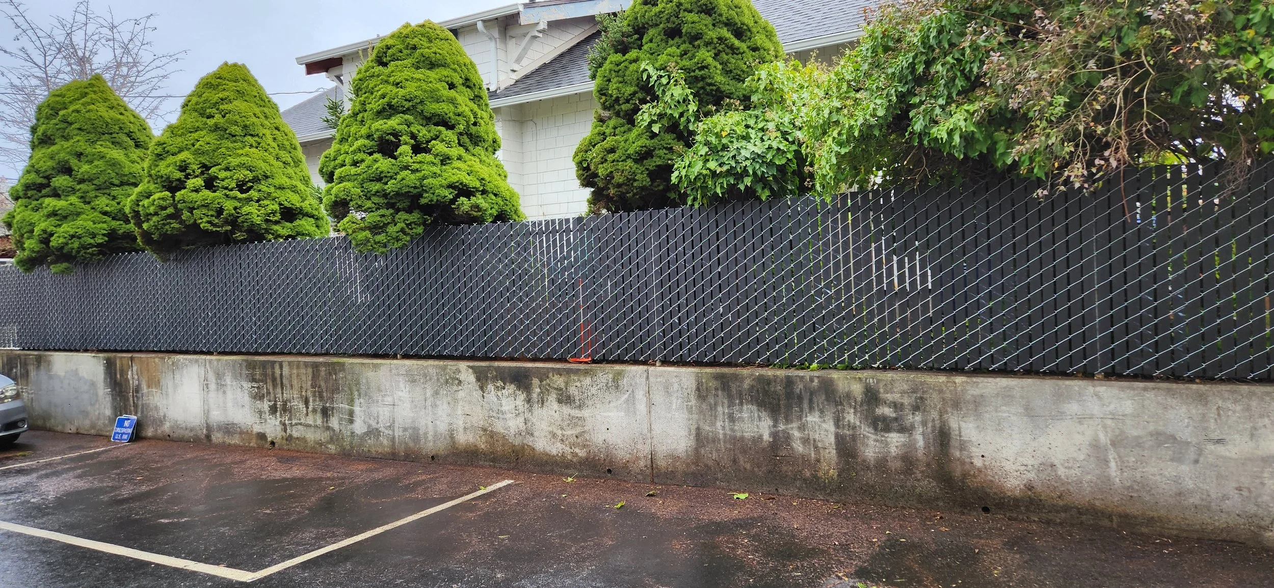 A parking lot with wet pavement, a concrete wall, a black chain-link fence, green trees, and a white house in the background.