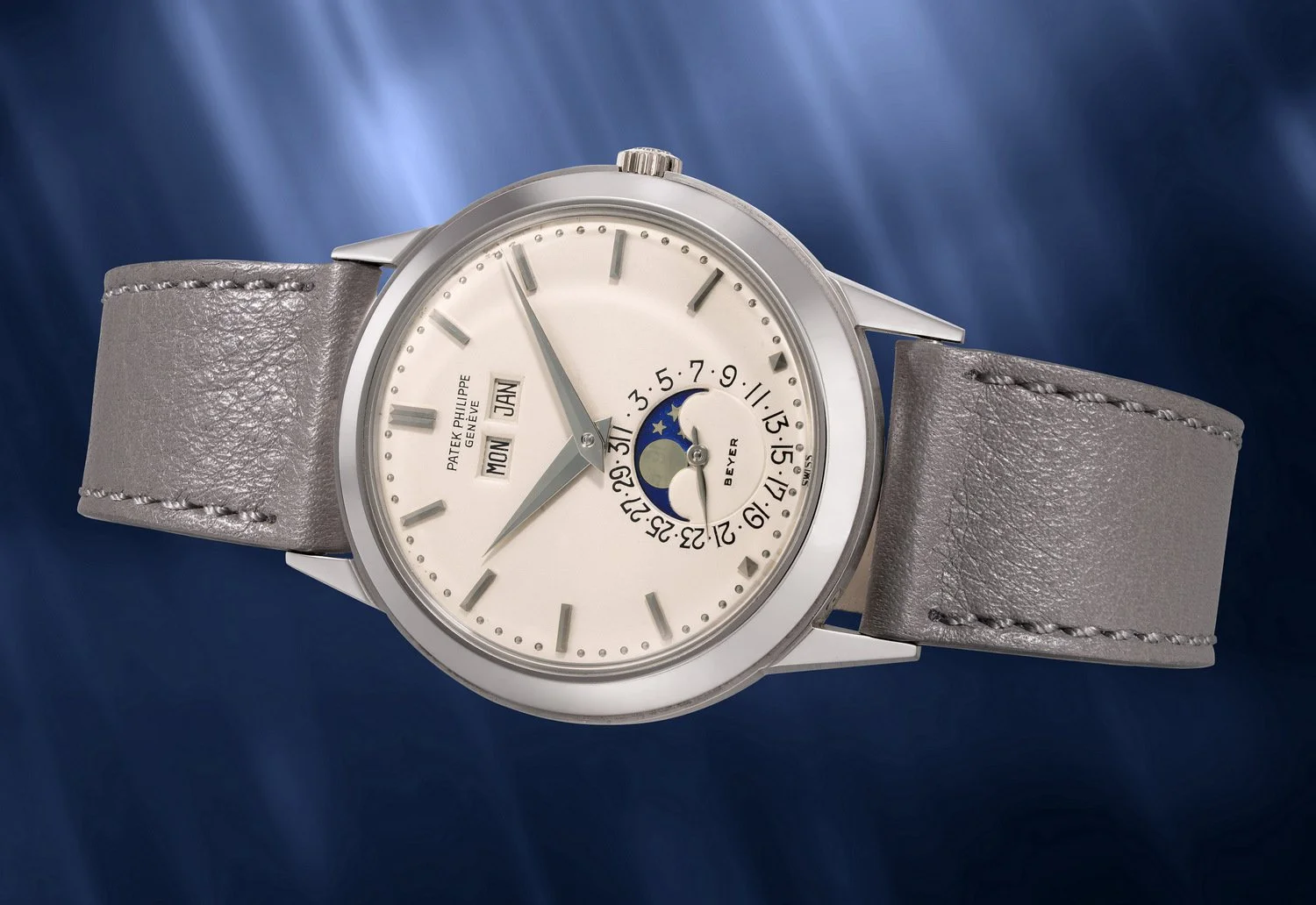 百达翡丽，型号3448，“Padellone ‘Tokyo White’”白金自动万年历腕表，搭载“Beyer”标志，1972年制