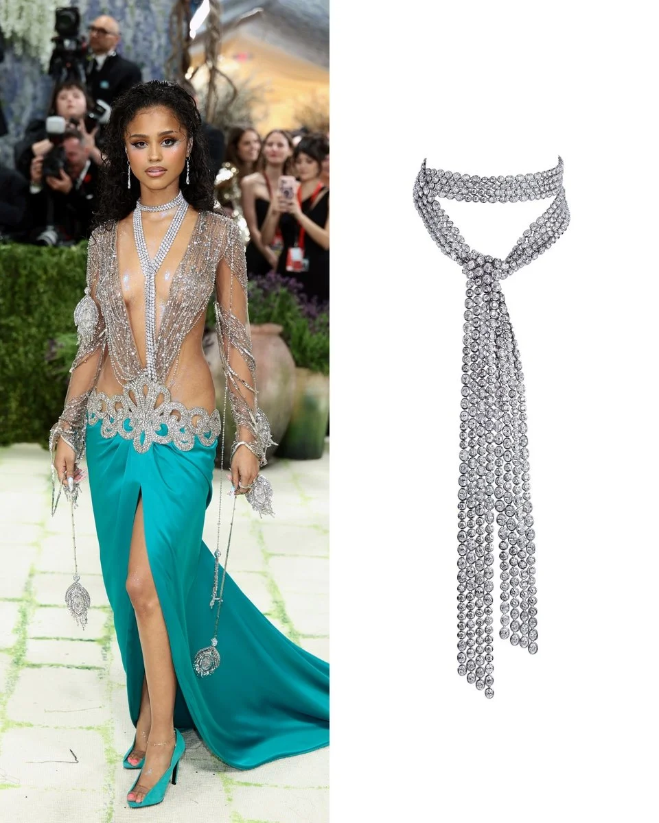 Tyla wearing Jacob & Co diamond scarf at Met Gala 2026