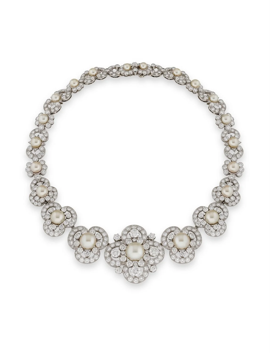 Cultured pearl and diamond necklace. From Queen Mary and the Duke and Duchess of Beaufor