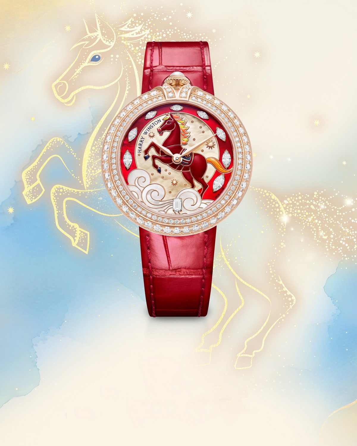 海瑞温斯顿 Moments 马年特别款腕表｜

红漆骏马跃然表盘，珍珠母贝祥云与钻石交映生辉。将新岁的祝愿，化作腕间流转的吉光瑞意。