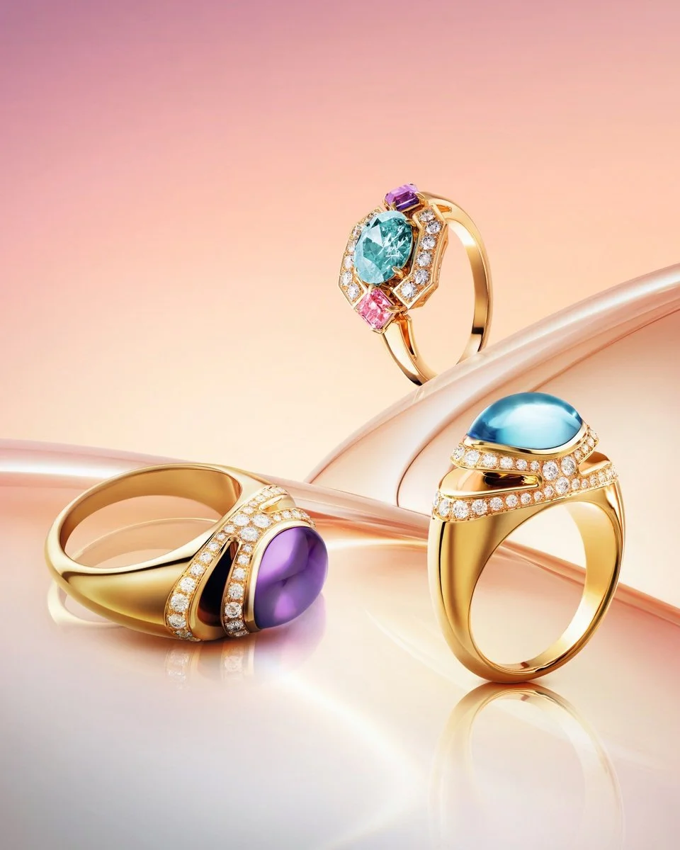 宝格丽/Cabochon系列戒指/18K黄金/凸圆形切割蓝色托帕石/紫水晶