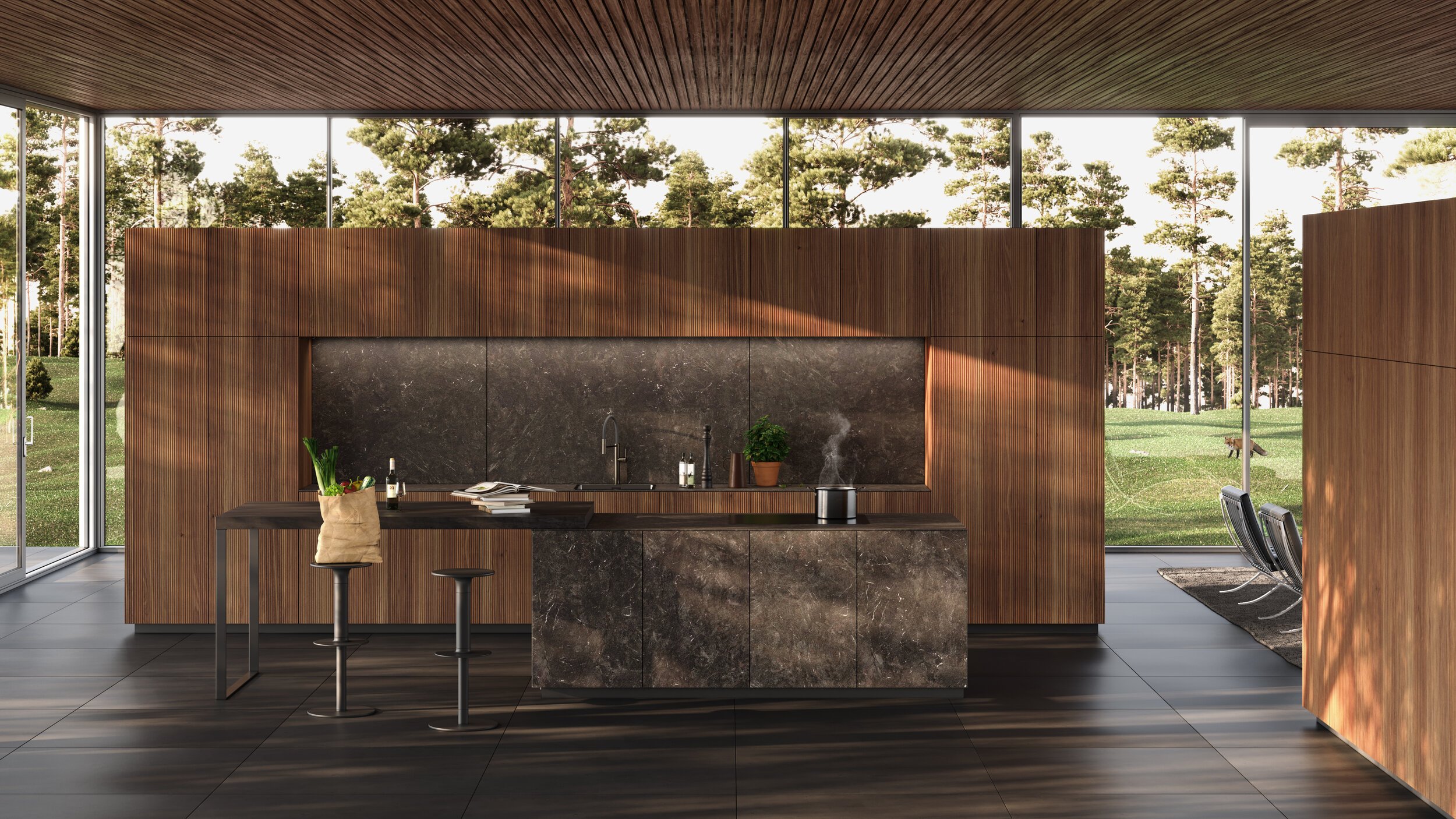 The protruding, linear bars of the multi-award-winning BOSSA front create a warm, uniform overall appearance and give the kitchen a three-dimensional, very lively effect - a conscious planning decision to create an elegant as well as lively effect. A