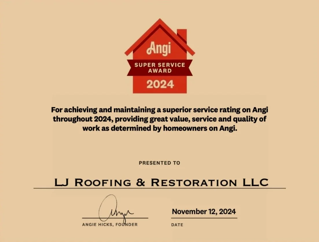 LJ Roofing & Restoration's Super Service Award from Angi's List.