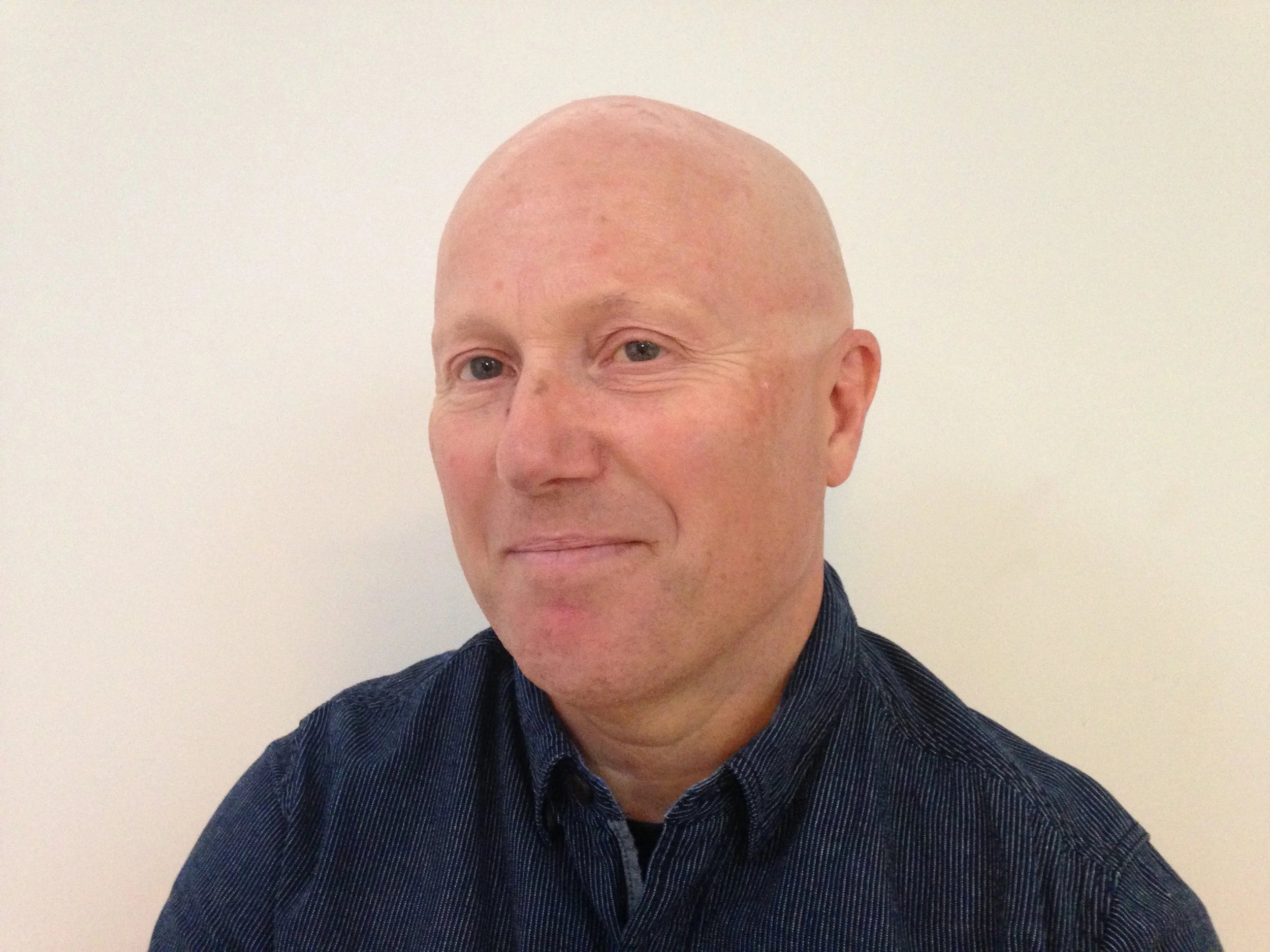 A middle-aged bald man with light skin, wearing a dark blue button-up shirt, smiling slightly, against a plain white background.
