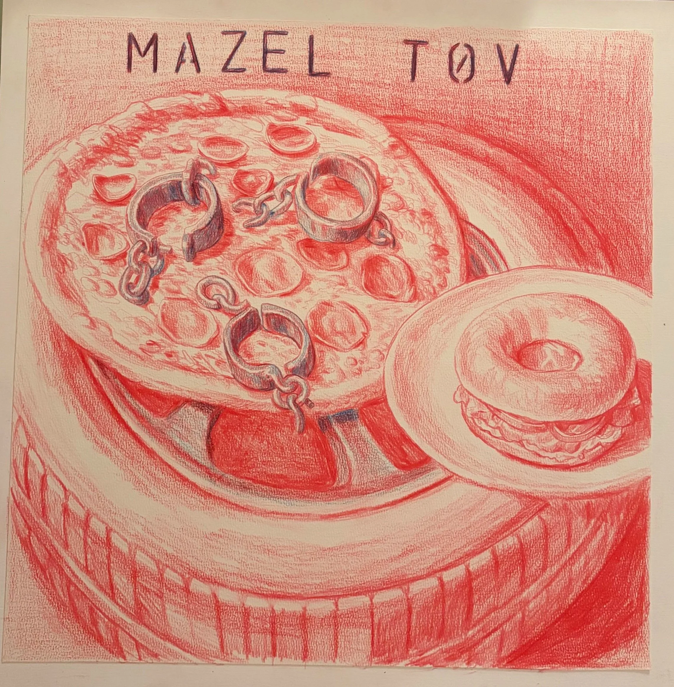 Mazel Tov, 2025, Conte on Paper mounted to Birch Panel, 18" x 18" x 1"