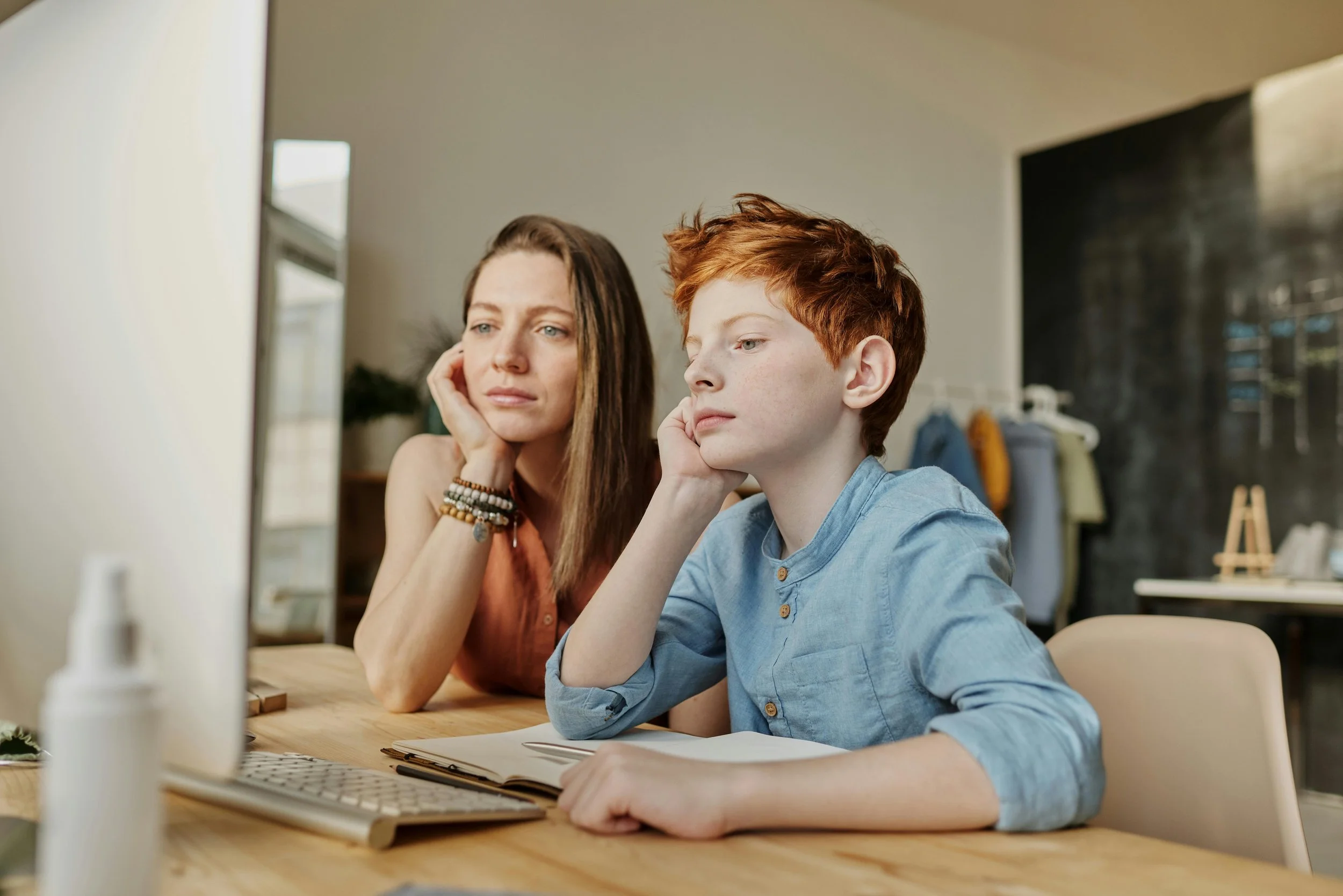 Mother and Son looking at a computer together