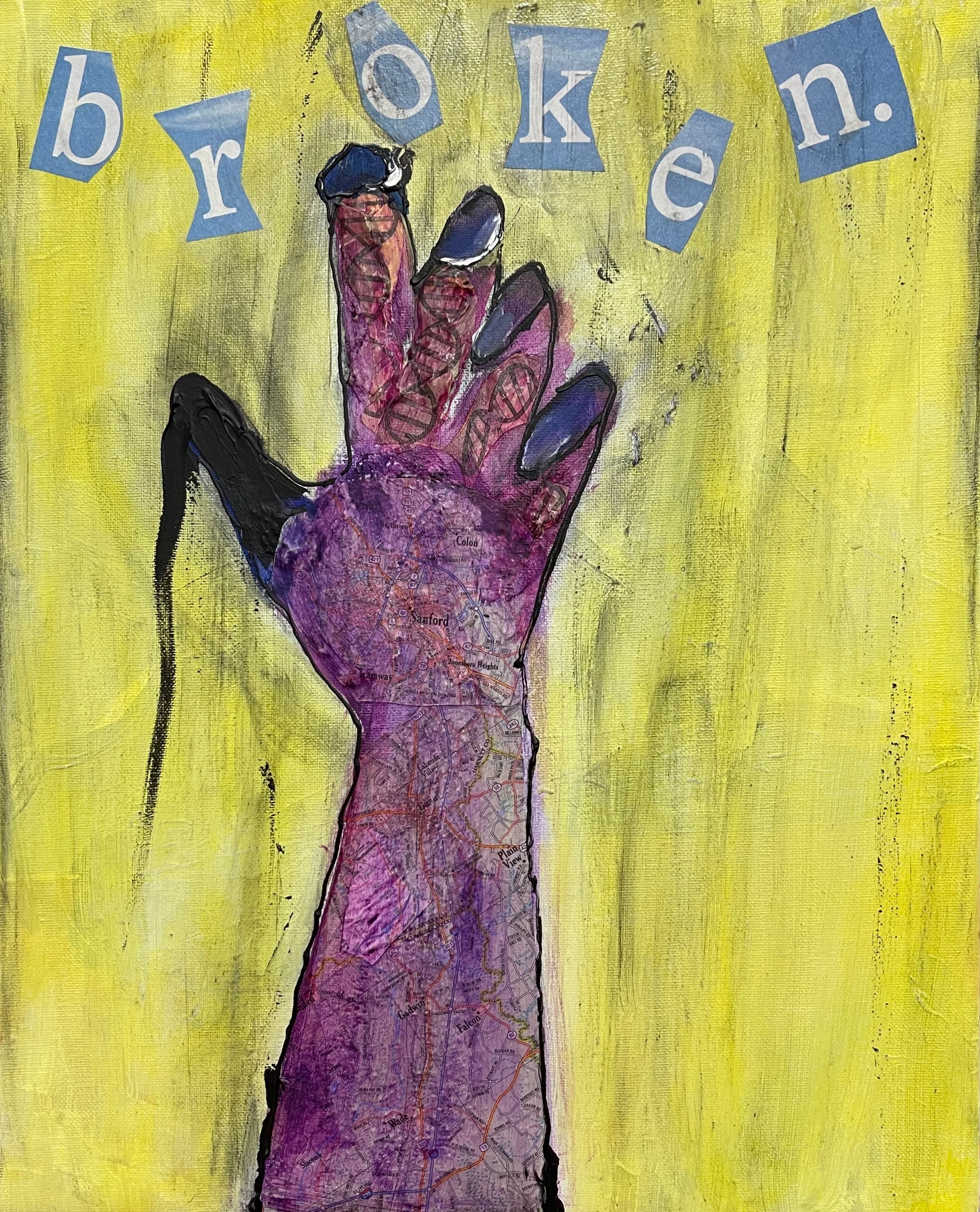 Alt Description: An arm and hand appear in the center of the canvas, the art starting from the bottom. The arm and the hand are made of collaged torn up street maps with dna helixes in the fingers. Above the hand broken in cut out in singular letters