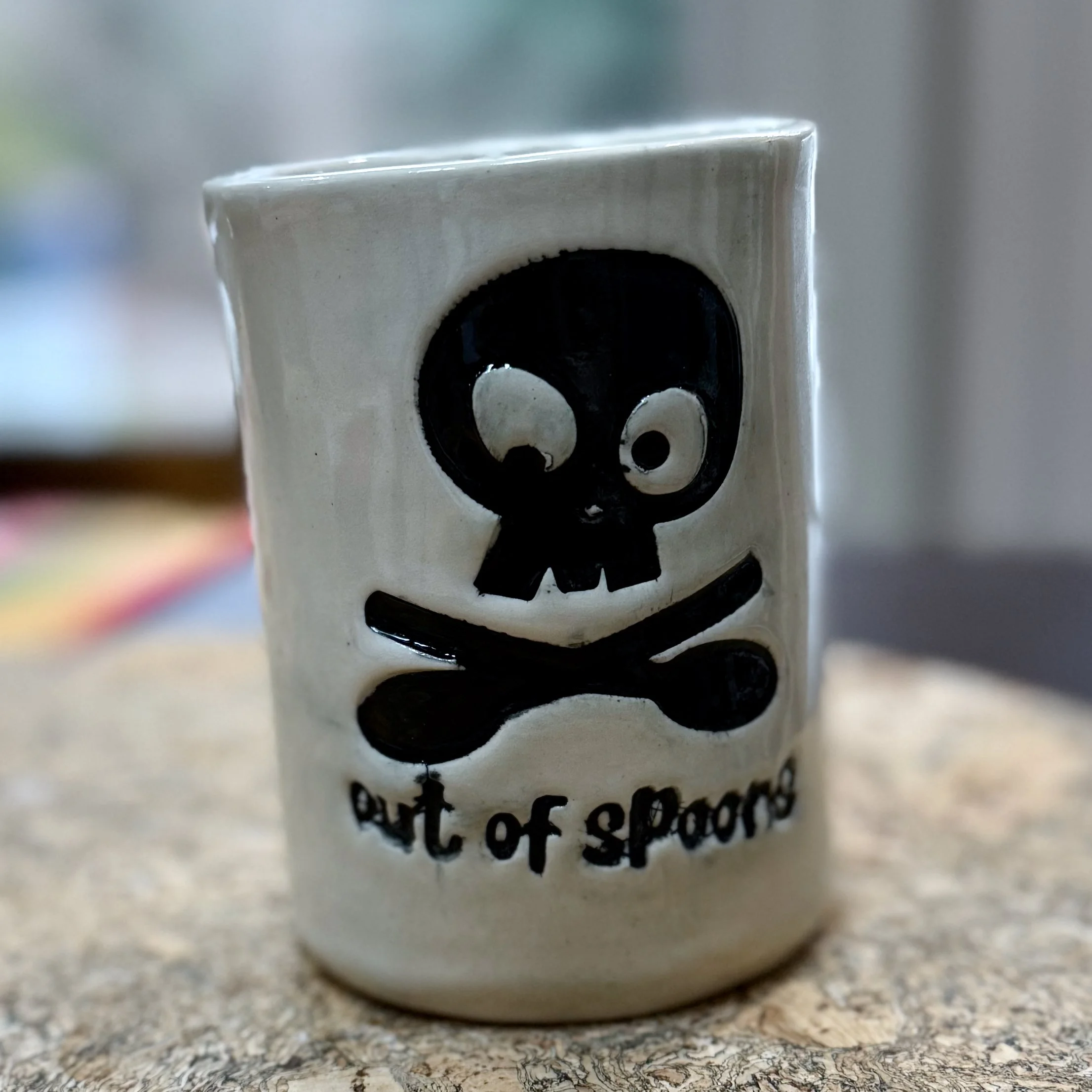 Out of Spoons

Alt description: A white cylinder with a black image of a skull and cross spoons and black text that says “out of spoons.”

As my fatigue has increased and my mobility has declined, I find that I run out of energy, or spoons as relayed