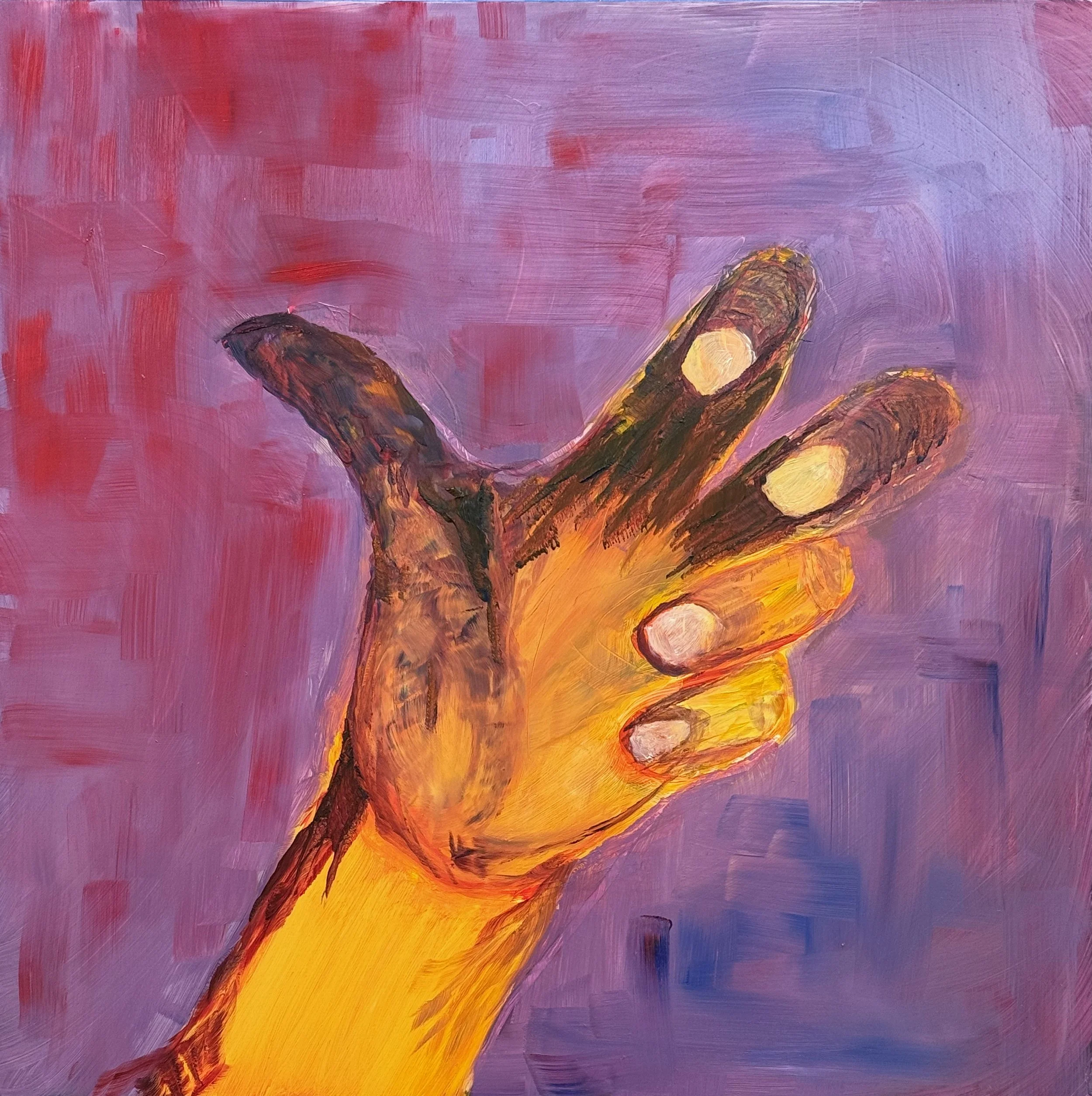 Hidden Numbness

Alt Description: A hand rising from the bottom edge of the painting. The majority of the hand is yellow, but the thumb and next two fingers are black. The black extends down from the thumb and down the arm. The background is purple-r
