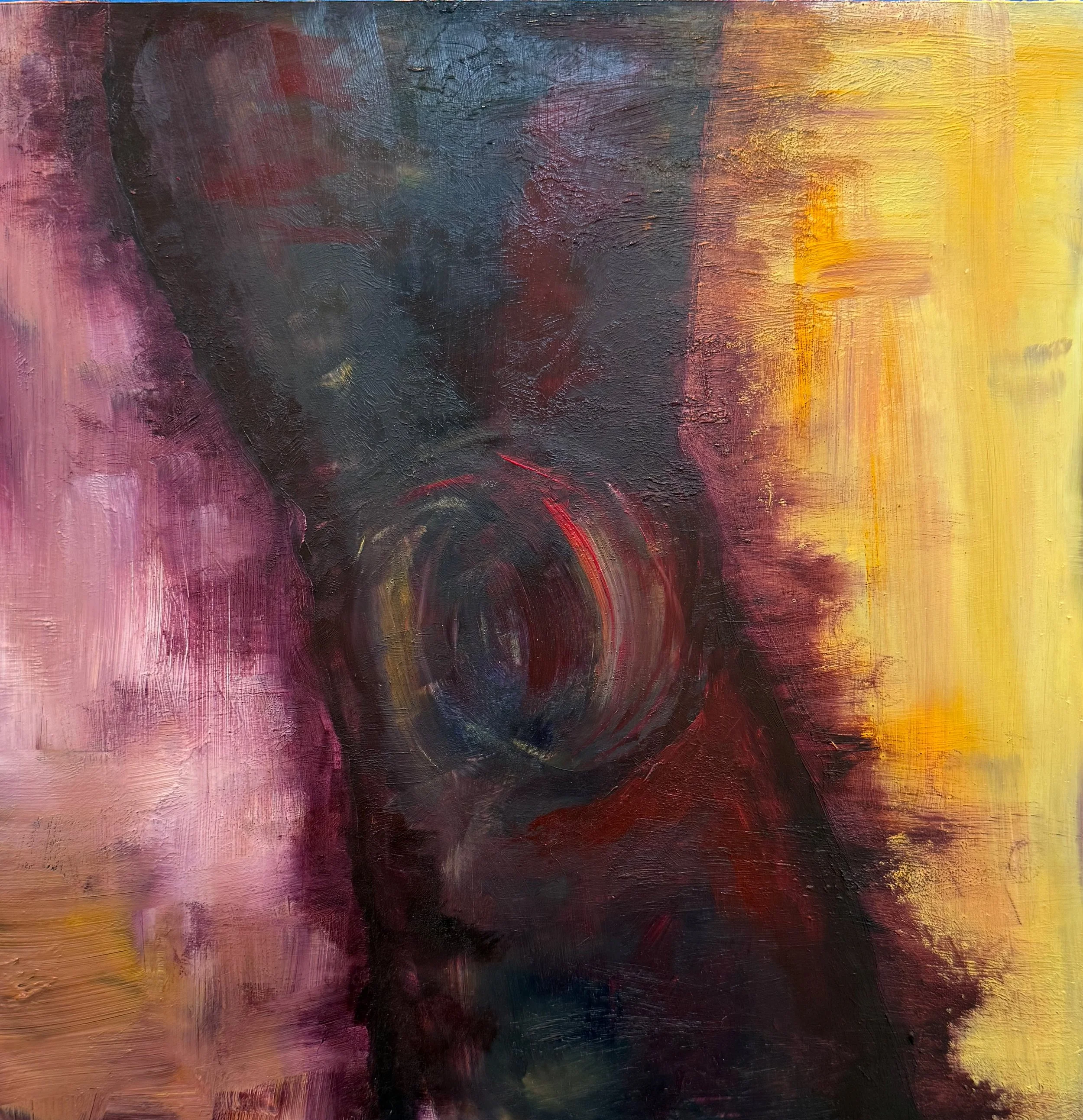 My Dead Leg

Alt Description: A leg from mid-thigh to mid-calf that is dark purple with red areas in the knee, left thigh and right calf. The left side of the painting is purple and the right is yellow with the leg radiating into the outside colors.
