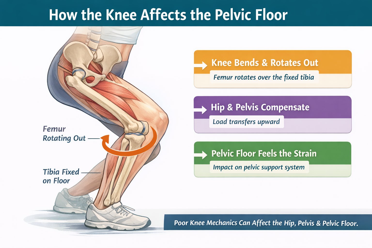 Educational medical illustration showing a person in a small squat with the knee bent and foot fixed on the floor, highlighting the relationship between knee flexion, femur rotation, the hip, pelvis and pelvic floor