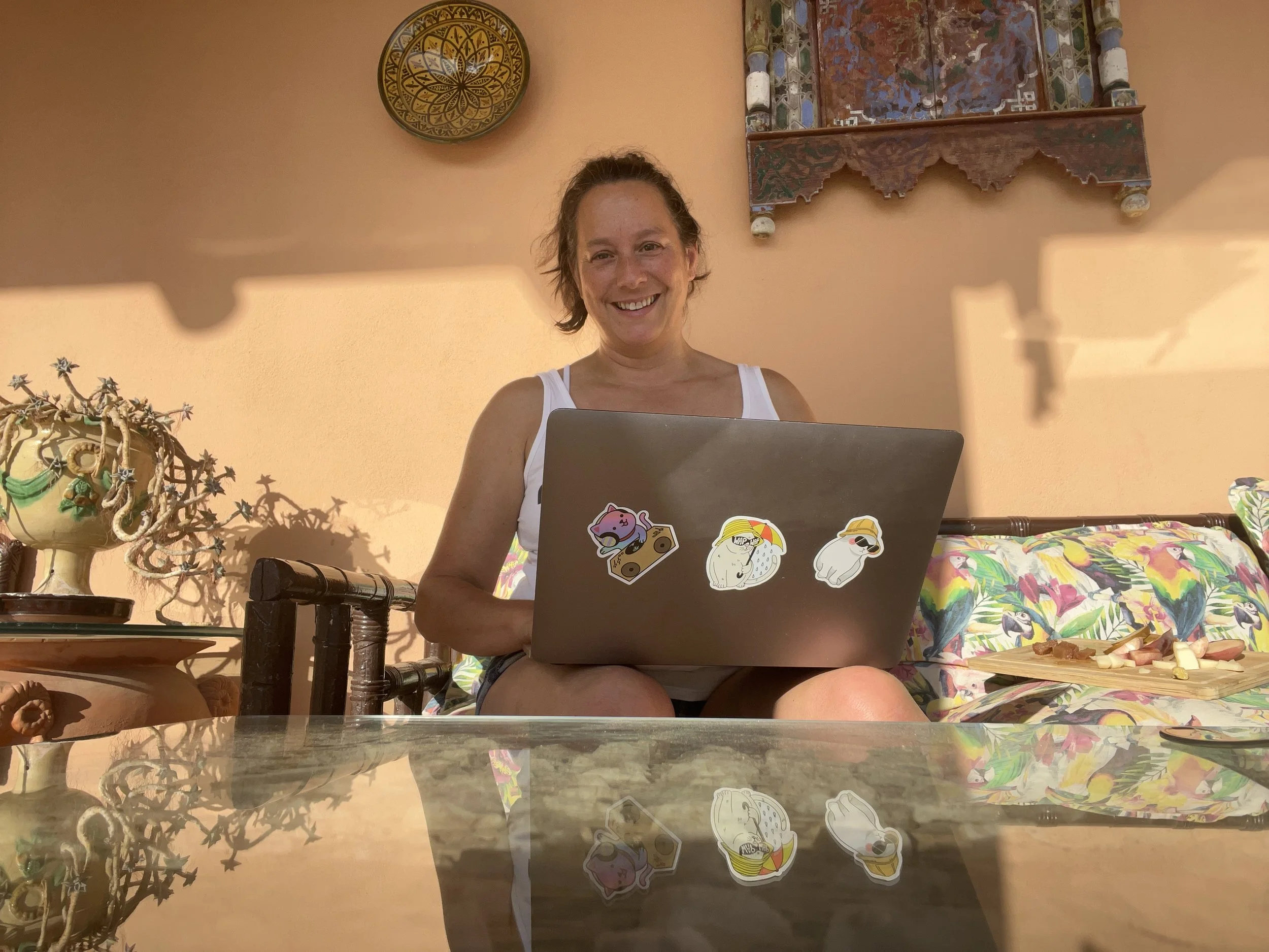 Abby working on a pelvic floor MOT smiling at the camera