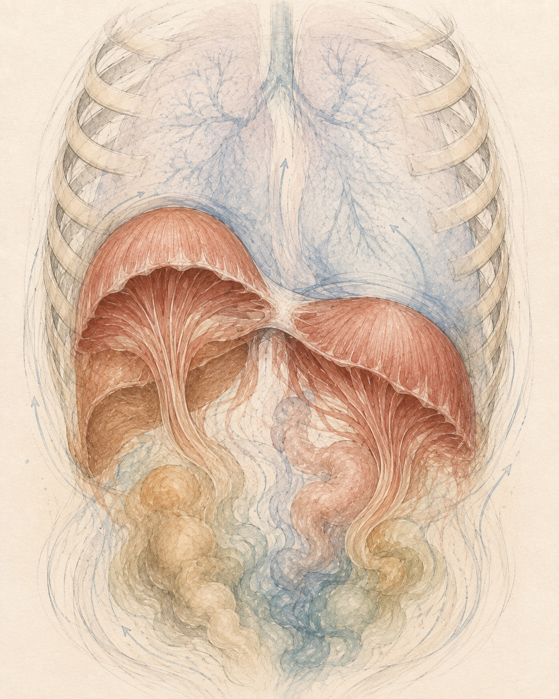 visual imagery of the torso as opaque, with the ribs housing two jelly fish representing the two halves of the diaphragm