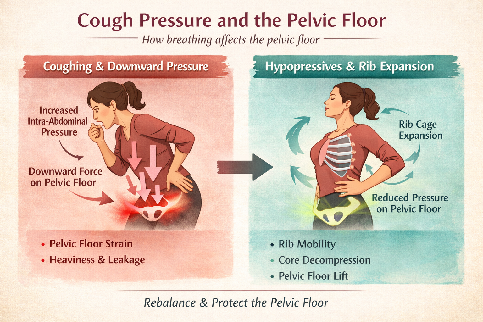 Illustration showing how coughing increases downward pressure on the pelvic floor compared with Hypopressives, which encourage rib expansion and reduce pelvic floor pressure