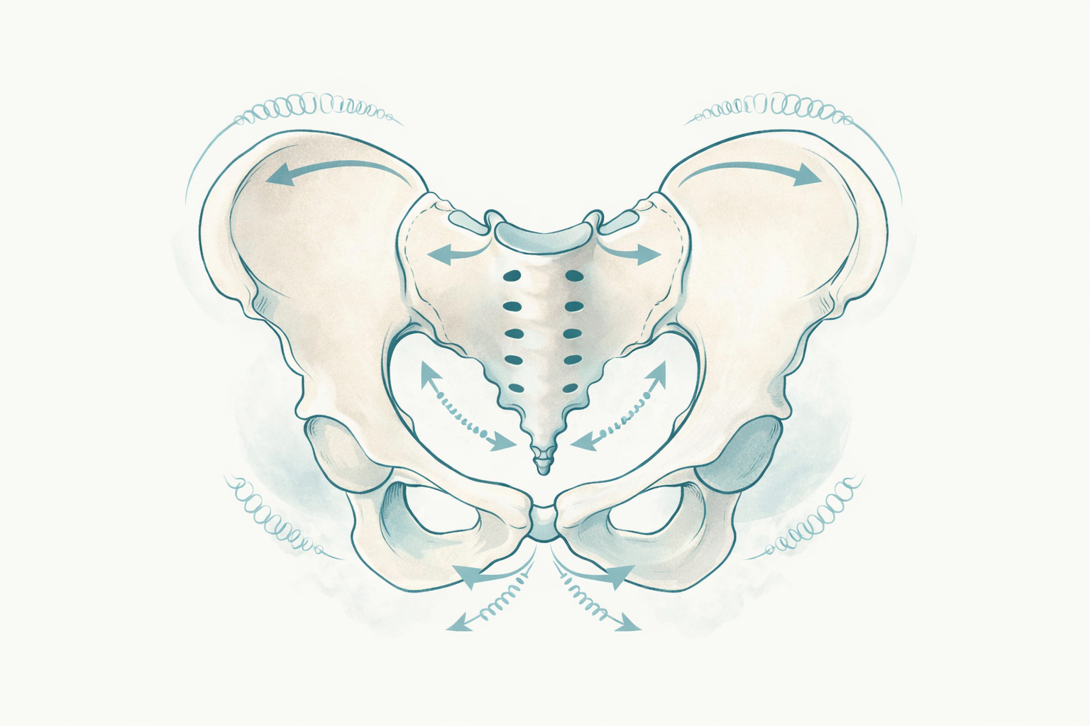 Soft anatomical illustration of the female pelvic ring showing the two ilia and sacrum with gentle directional arrows to represent subtle movement, force transfer, and elastic support within the pelvis.
