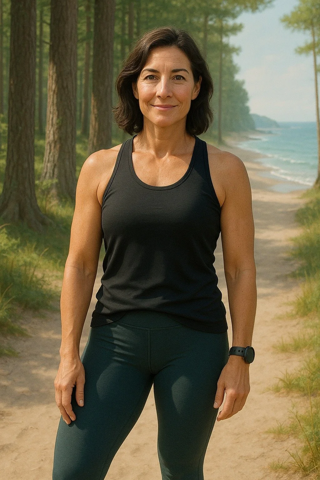 Woman standing in black joggers and a black vest top standing beside a woodland next to a beach