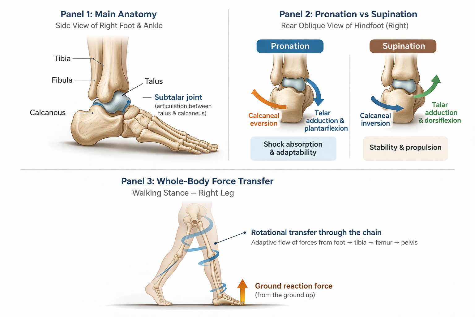 Illustration of the talus and subtalar joint showing foot pronation and supination mechanics, with rotational force transfer up the leg during walking.