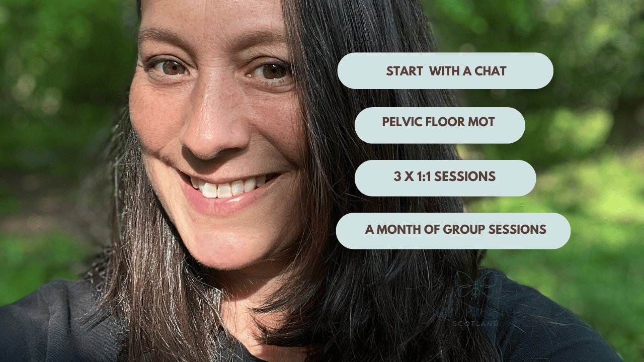 Abby smiling at the camera face slightly side on - the words on the image describe a great way to access pelvic floor healing