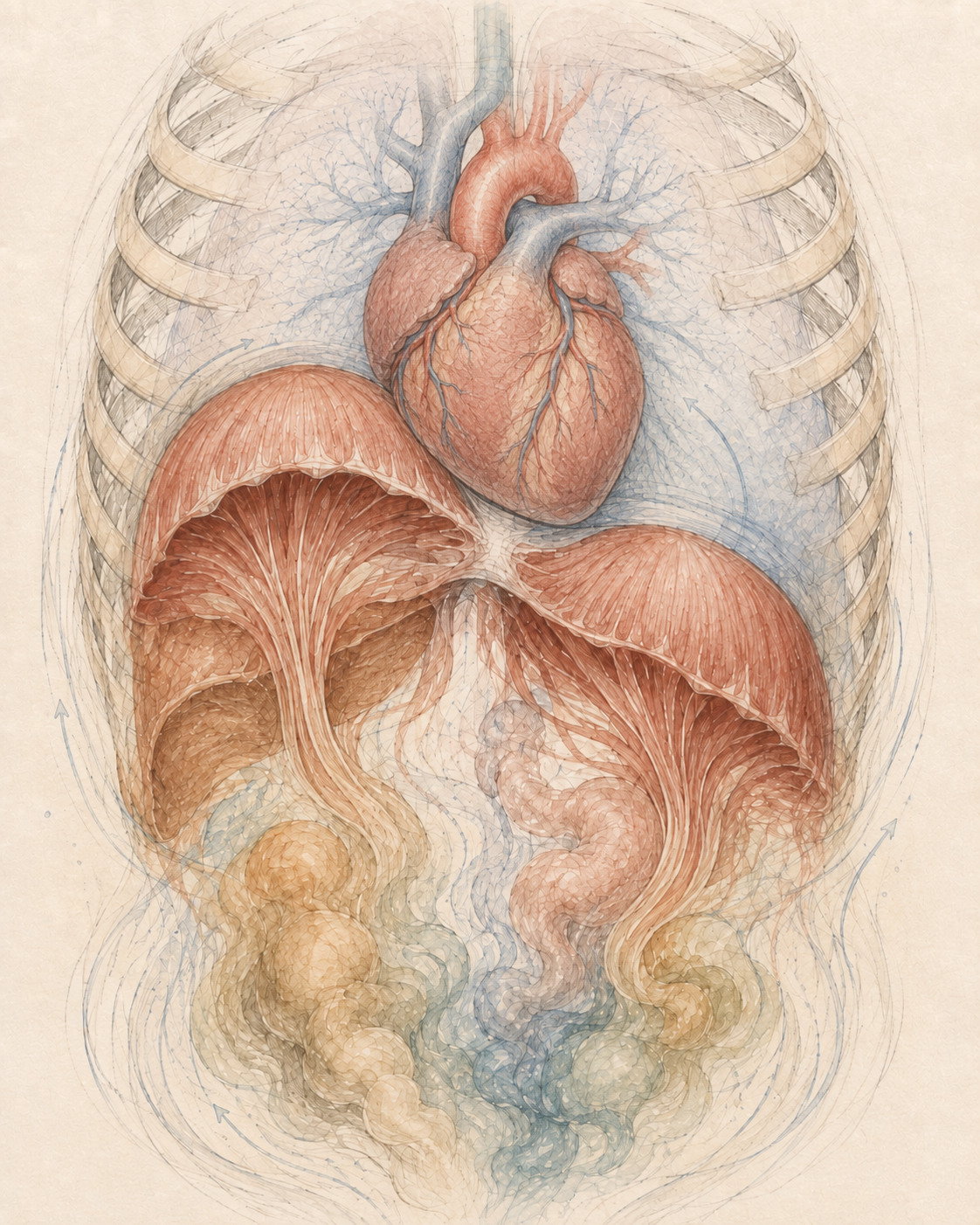 The torso shown as opaque so we can see inside and see a visual of the diaphragm as two jelly fish and the heart resting above