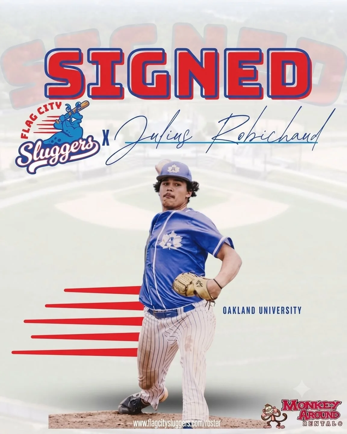 SIGNED! ✍️Welcome to Flag City, Julius Robichaud!

We are thrilled to announce the addition of right-handed pitcher Julius Robichaud to the Sluggers roster for the upcoming season! 📉🔥
Coming to us from Adrian, Michigan, Julius brings serious presen