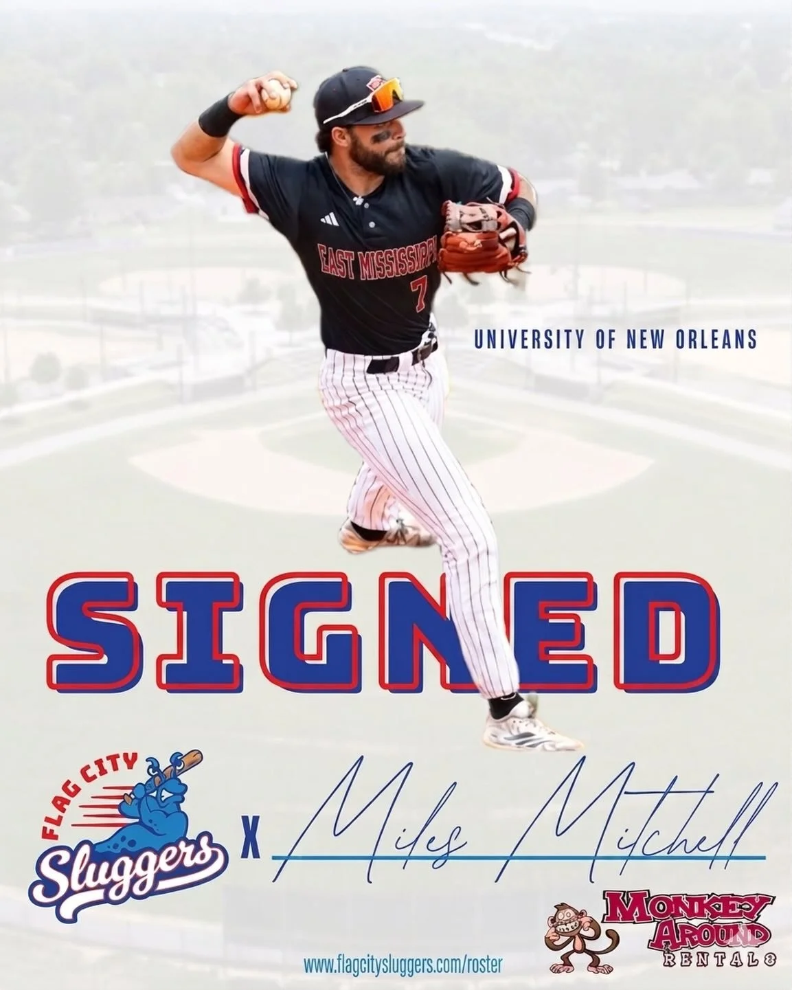 📢SIGNED! ✍🏻

Could we BE any more excited?! Help us welcome shortstop Miles Mitchell to the Flag City Sluggers family!

Coming to us from Alabaster, Alabama, by way of the University of New Orleans, Miles is ready to hold down the infield this seas