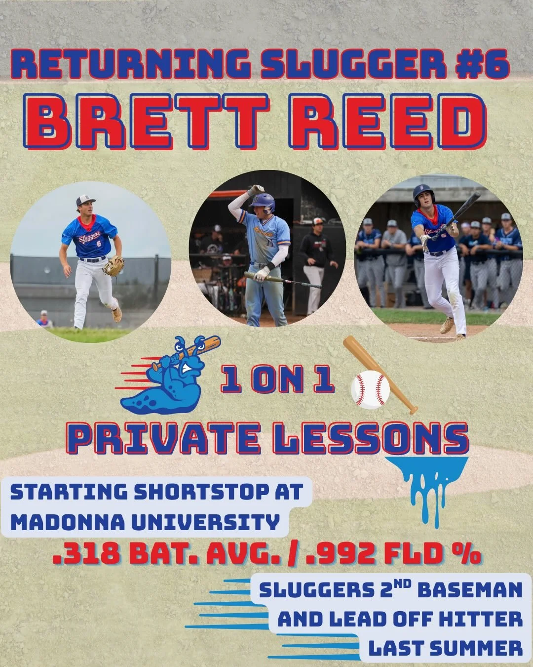Train with a pro this summer! 📈

Madonna University Starting Shortstop &amp; returning Slugger Brett Reed (.318 Batting Avg / .992 Fielding %) is booking 1-on-1 private lessons for players ages 8+.

Customized plans for:
💥 Hitting
💪 Fielding

Sess