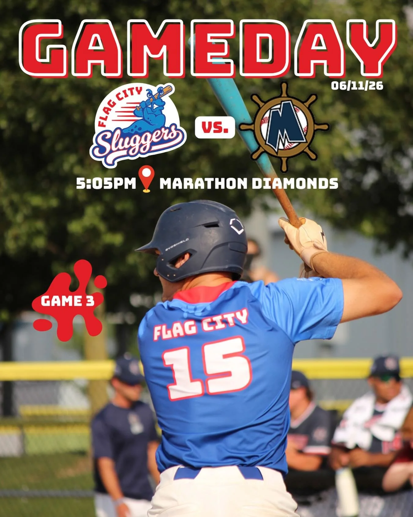 GAME DAY IN FLAG CITY! ⚾️🔥

The Flag City Sluggers are back at home tonight to take on the Muskegon Clippers. It&rsquo;s a massive matchup on the dirt, and our boys are ready to protect home field! 🙌

🆚 Muskegon Clippers
⏰ 5:05 PM
📍 Marathon Diam