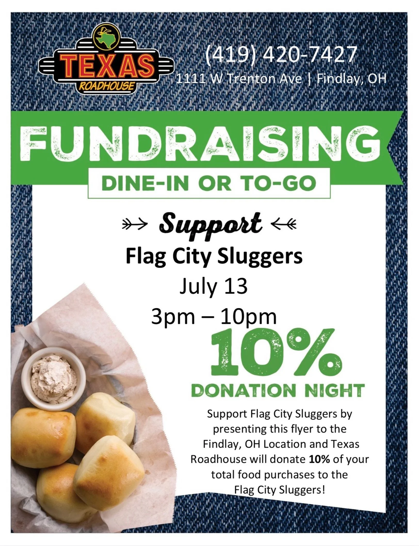 Rolls, line dancing, and baseball? Say less! ⚾️🥖✨

Join us at Texas Roadhouse on Monday, July 13th for our team fundraiser! Show this digital flyer to your server anytime from 3-10 PM, and 10% of your meal supports our team.

Don&rsquo;t miss the ex
